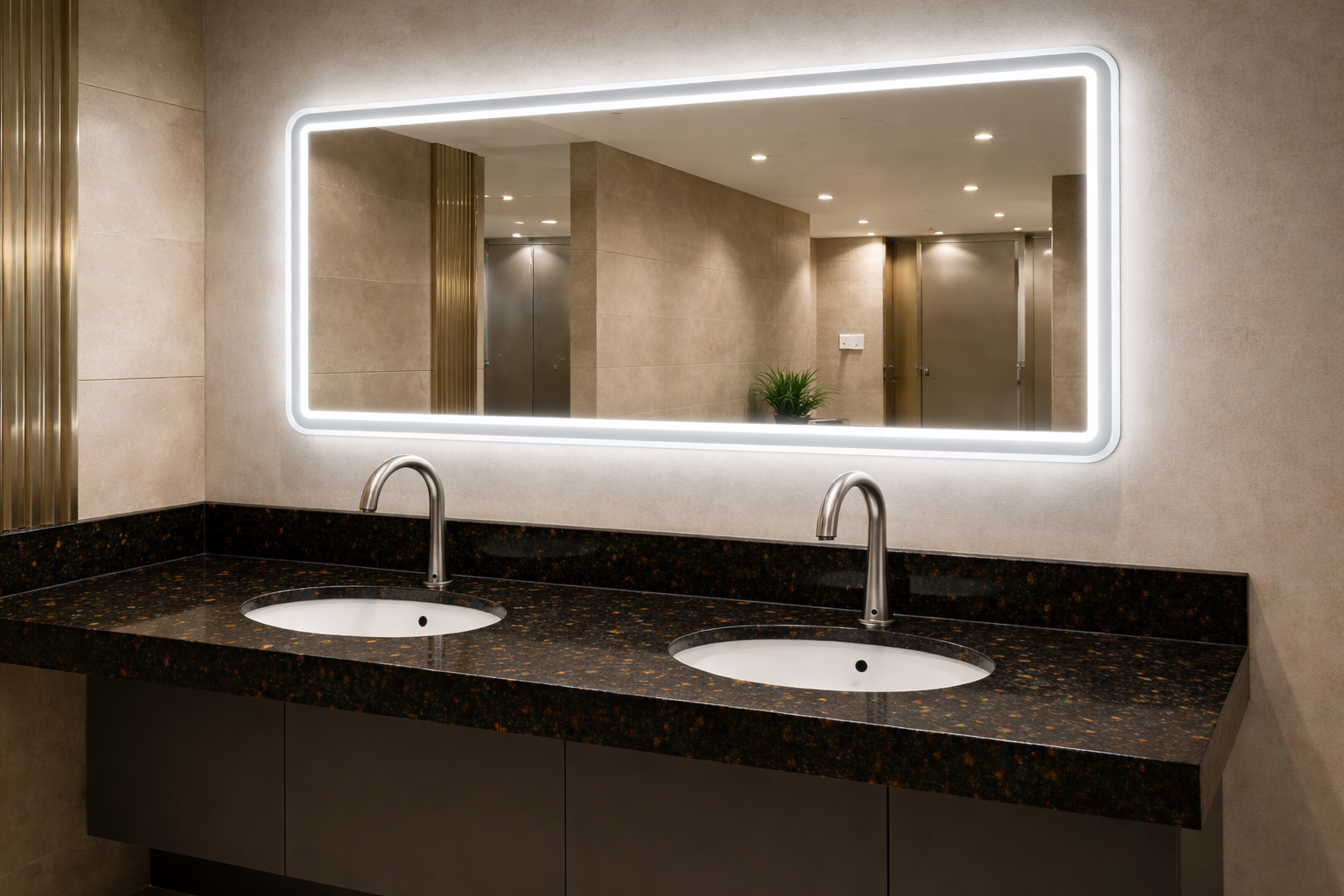 Clinic handwash station using touch free sensor faucet with easy clean surfaces